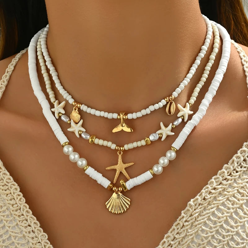 Bohemian Personality Starfish Imitation Shell Pendant Beaded Necklace Women Beach Vacation Wind Vacation Accessories Gift