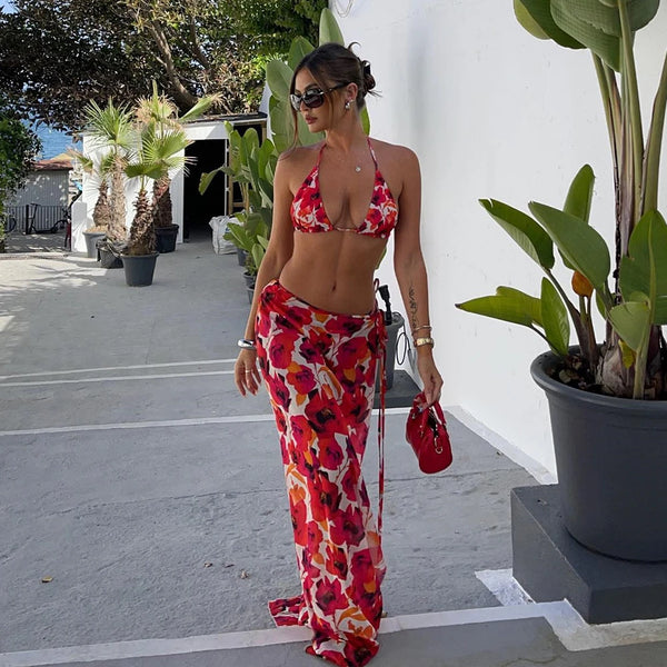 Sexy Folwer Print  3 Pieces Bikini Set 2024 Summer Beach Wear Brazilian Bikinis Swimsuit With Beach Skirt Swimwear Cover-up
