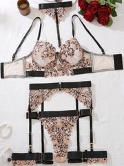 Erotic Women's Lingerie 5-Piece Set Hanging Neck Leopard Embroidered Bra Panty Garter Sets See-Through Patchwork Sexy Underwear