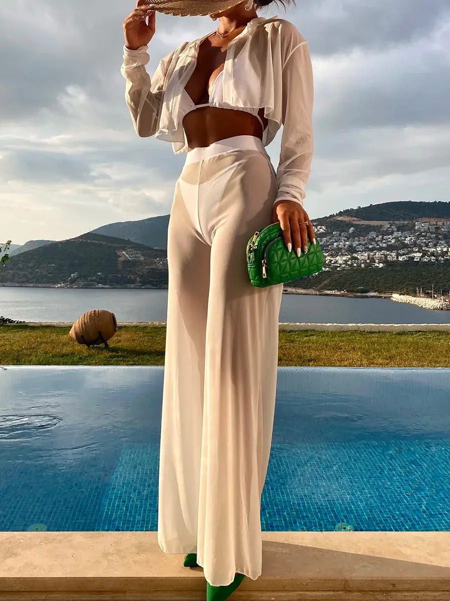 4 Pieces Lace Up Halter Triangle Bikini Swimsuit & Cover Up With Pants Sexy Swimwear Women 2025 Bathing Swimming Suit Female