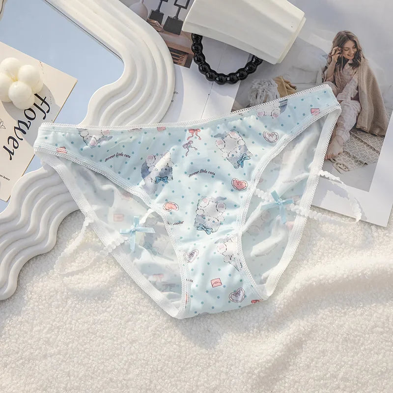 Cute Cat Print Cartoon Underwear for Women Low Waist Lace Bow Breathable Student Panties Cotton Crotch Seamless Briefs Lingerie