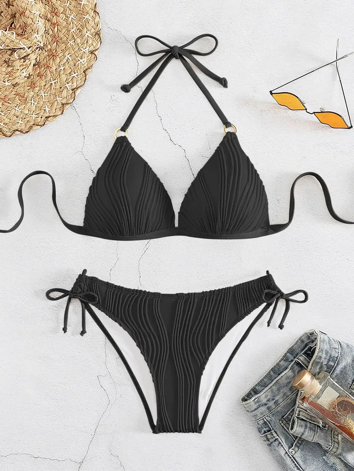 Sexy Bikini 2025 Women White Black Lace Up Backless Padded Micro Swimsuit Push Up Beach Bathing Suit Tie Side Thong Swimwear