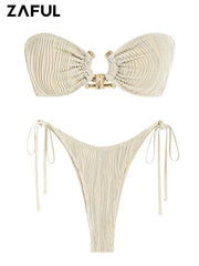 ZAFUL Tie Side Bandeau Tanga Bikini Set Two Piece Swimwear  Solid Color Swimsuit With Strapless Padded Bikini Top Lace Up Back