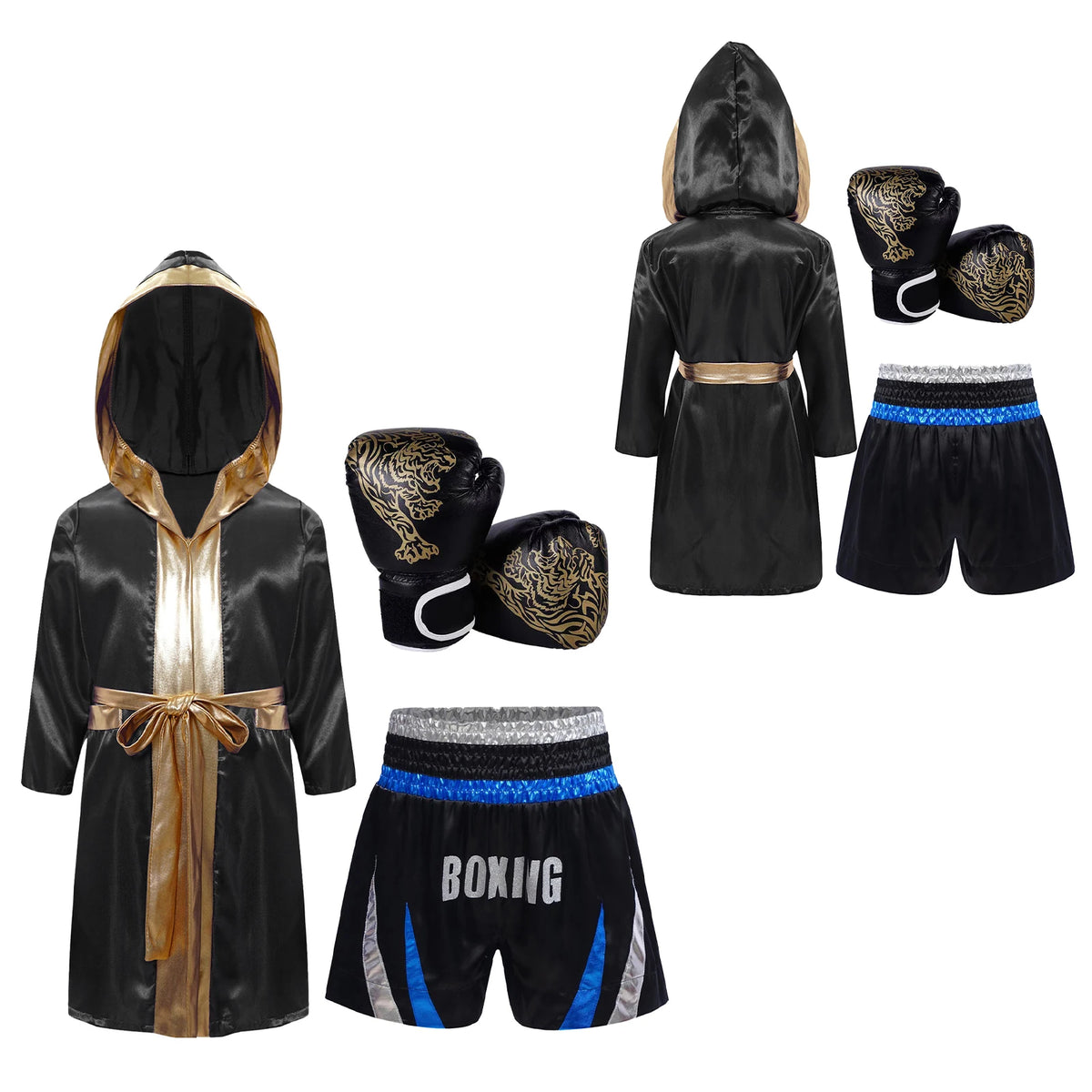 Kids Boys Boxing Training Outfit Long Sleeve Open Front Metallic Satin Robe Hooded Cloak with Athletic Shorts And Boxer Gloves