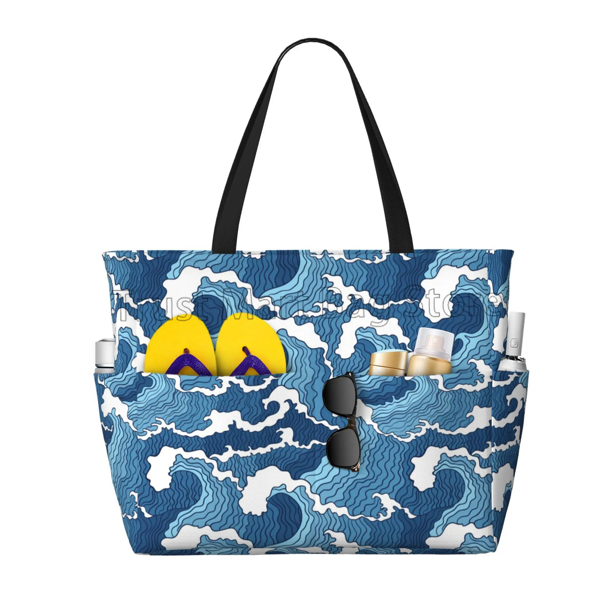 Sea Wave Beach Tote Bags for Women Waterproof Sandproof Large Pool Bag Stylish Zipper Beach Tote for Gym Travel Shopping School