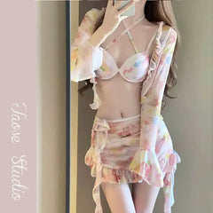 Sexy Floral Print Split Bikini Set Women 4pcs/set Hollow Push up Swimsuit Beach Bathing Suit Fashion Holiday Hot Spring Swimwear