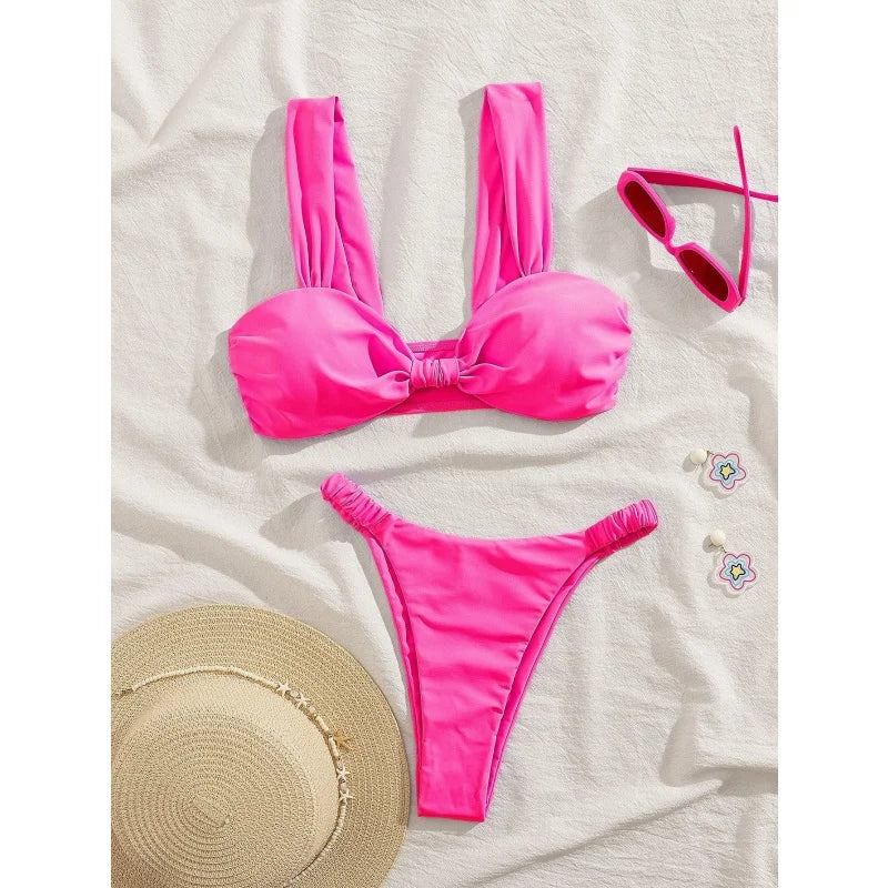 Sexy Two Piece Micro Bikini Women Swimsuit Fashion Solid Pleated Elastic Waist Push Up Bikini New Bathing Suit Beachwear Biquini