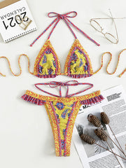 Print Bikinis Bordered Bikini Set Mciro Halter Swimwear Women Swimsuit Sexy Beachwear Brazilian Biquini Triangle Bathing Suits