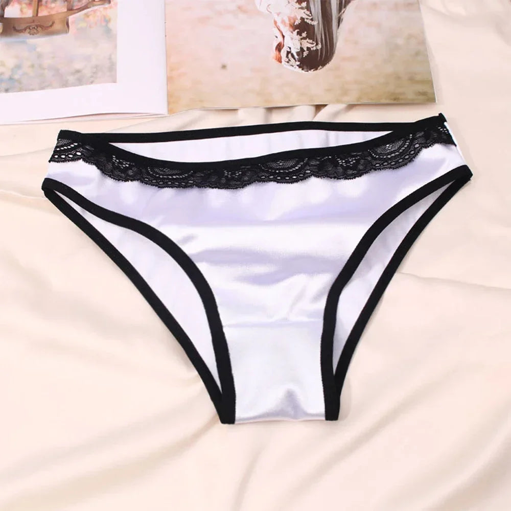 Women Underwear Luxury Comfortable Breathable Low Waist Lace Edge Soft Triangle Pants Silk Satin Underwear Knickers Briefs