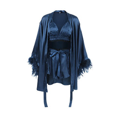 New Underwear Shorts Nightgown Three-piece Set Imitation Silk Home Clothes Spring Satin Feather Pajamas Women
