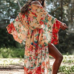 Ladies' Floral Printed Bohemian Beach Style Fashion Sun Screen Long Dress Holiday Versatile Chiffon Long Sleeve Thin Cardigan