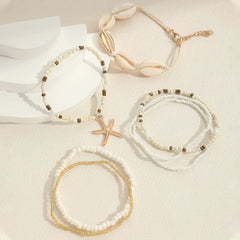 7Pcs/Set Bohemian   Recreational Starfish Shell Woven Bracelet Set For Women Summer Beach Vacation Accessories