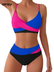 Circyy Swimsuit Women Contrast Color Split Swimsuit Halter Cross Biquinis High Waisted Two-pieces Bathing Suit Summer 2025 New