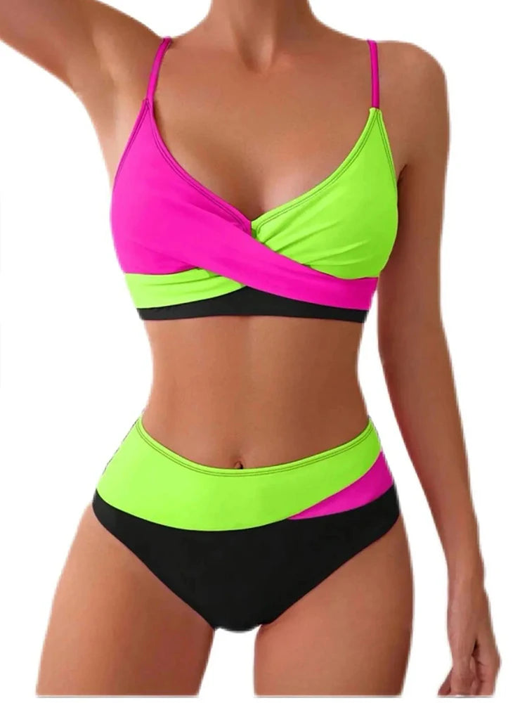 Circyy Swimsuit Women Contrast Color Split Swimsuit Halter Cross Biquinis High Waisted Two-pieces Bathing Suit Summer 2025 New