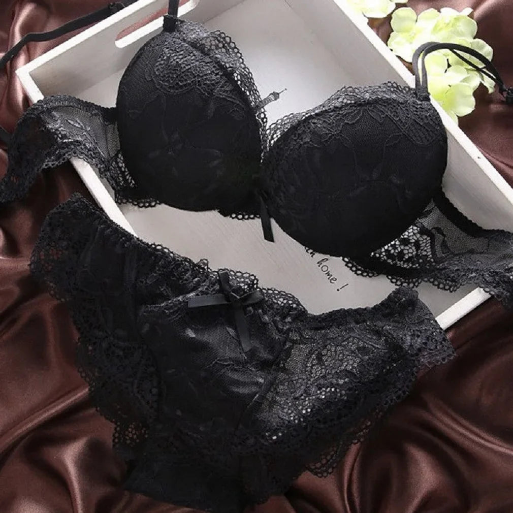 Women 2 Pieces Lingerie Set Sexy Deep V Neck Lace Floral Push Up Bra and Panties Underwear Intimates Embroidery Knickers