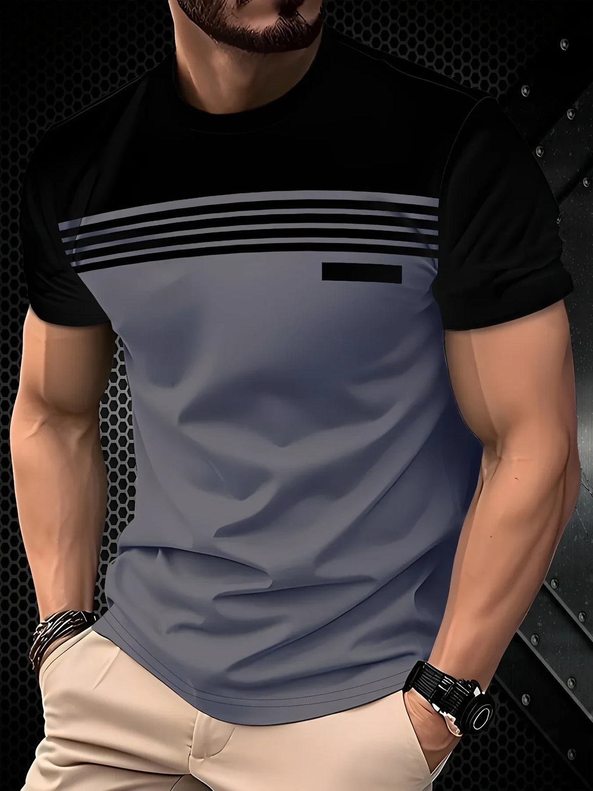 Men's fashionable casual round neck T-shirt made of 100% polyester fiber, machine washable, suitable for outdoor daily wear