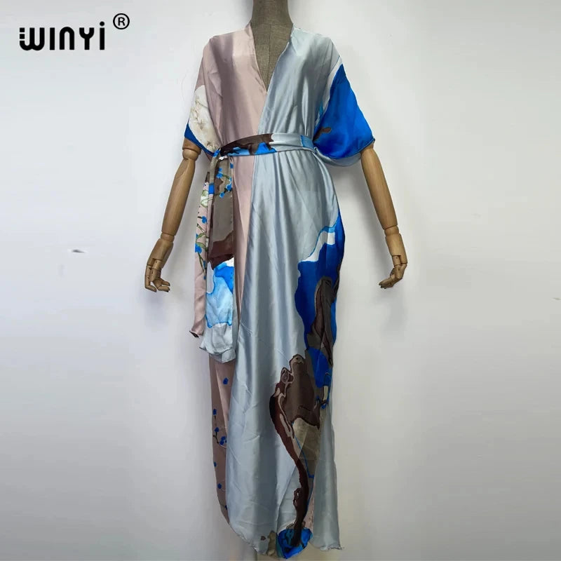2024 new WINYI print sexy kimono fashion cardigan Africa beach wear cover-up dress beach outfits for women holiday abaya