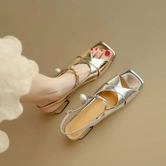 A Line with Open Toe Thick Heel Sandals Summer New Square Head Cross with Pearl Ancient Fish Mouth Heel Shoes