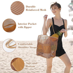 Women's Foldable Beach Tote Bag with Mesh Handheld Single Shoulder Bag for Summer Outdoor Travel Shopping Bag