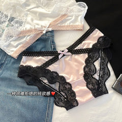 French Sexy Lace Satin Underwear for Women Low Waist Thin Mesh Hollow Out Bow Panties Sweet Girl Breathable Cotton Crotch Briefs