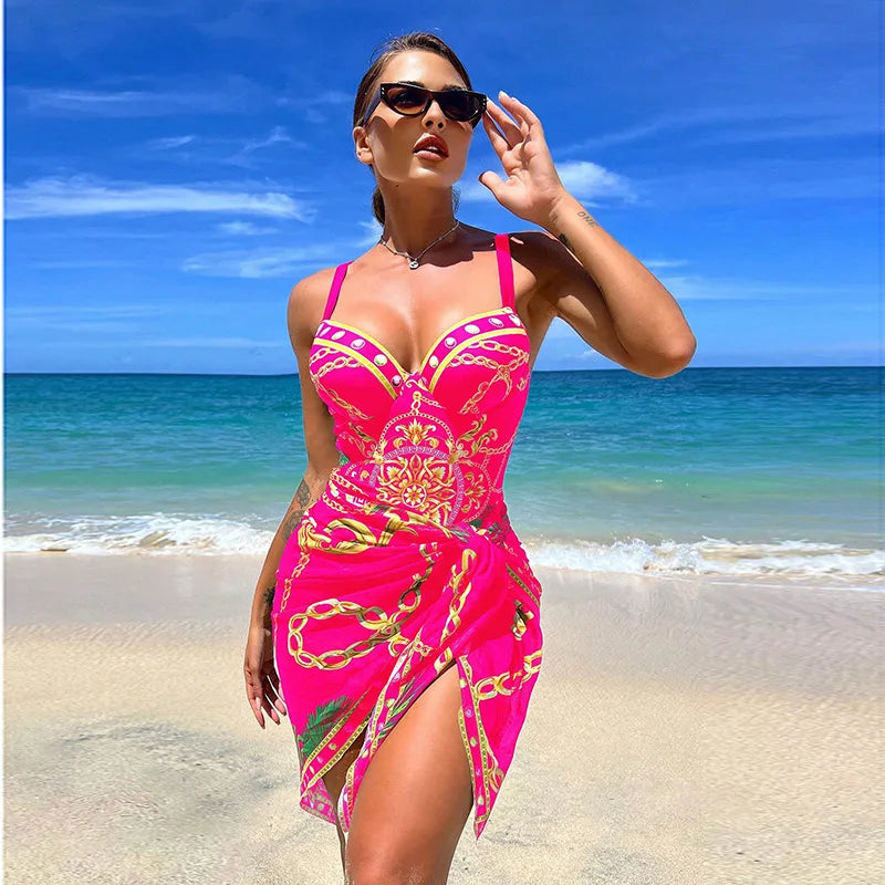 Underwire Women Sexy Swimsuit 2 Piece Swimwear Slim Monokini Chains Print Push Up Bikini Black Blue Green Beachwear Light luxury