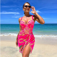 Underwire Women Sexy Swimsuit 2 Piece Swimwear Slim Monokini Chains Print Push Up Bikini Black Blue Green Beachwear Light luxury