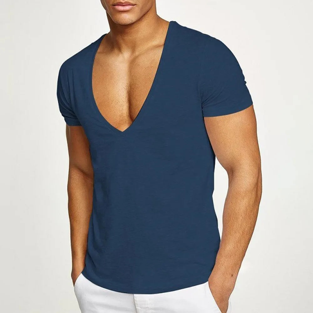 Fashion Men Basic T-Shirt Summer Gym Muscle  Tops Big V-Neck Short Sleeve Bodybuilding Sport Fitness T Shirt Tees Tops Clothing