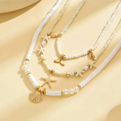 Bohemian Personality Starfish Imitation Shell Pendant Beaded Necklace Women Beach Vacation Wind Vacation Accessories Gift