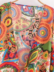 Boho Vintage Floral Print Beach Summer Short Kimono Women 2025 Fashion Ruffles Flare Sleeves Vacation Bohemian Bikini Cover-ups