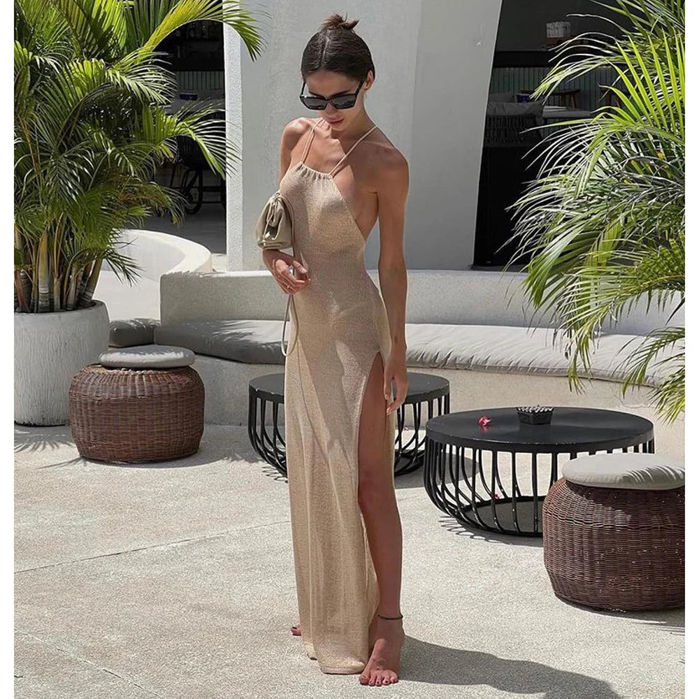 2025 Kintted Cover Up Beach Sexy See Through Maxi Slit Bodycon Summer Dress Bikinis Cover-ups  Elegant Halter Beachdress