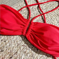 Sexy Red 3D Flower Swimwear Halter Bandeau Bikinis Sets High Wiast Swimsuit 2025 Women Ruched Bathing Suit Bikini Mujer Bather