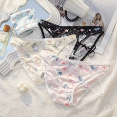 Cute Cat Print Cartoon Underwear for Women Low Waist Lace Bow Breathable Student Panties Cotton Crotch Seamless Briefs Lingerie