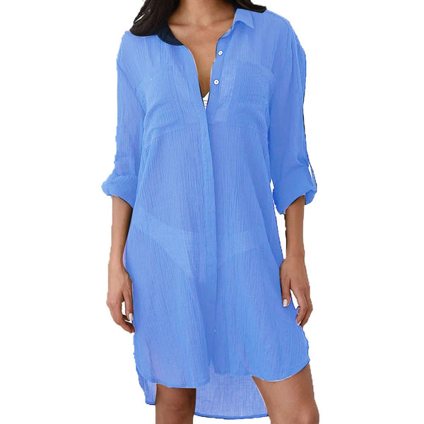 Beach Cover Up Women Bikini Pocket Swimsuit Cover Up Hollow Out T-shirt White Bathing Suit Cover-Ups Tunics Beachwear Robe