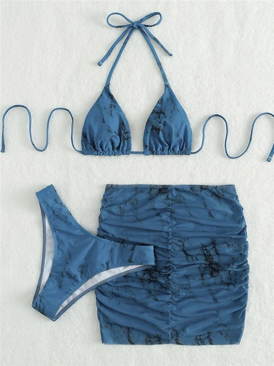3 Pieces Thong Bikini Set With Skirt Marble texture Bathing Suit Women Swimsuit Set Female Swimwear Beach Wear Swimming Summer