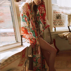 Ladies' Floral Printed Bohemian Beach Style Fashion Sun Screen Long Dress Holiday Versatile Chiffon Long Sleeve Thin Cardigan