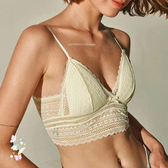French Lace Lingerie for Women Sexy U-shaped Large Backless Thin Style Without Steel Rings Triangular Soft Cup Bra Cover