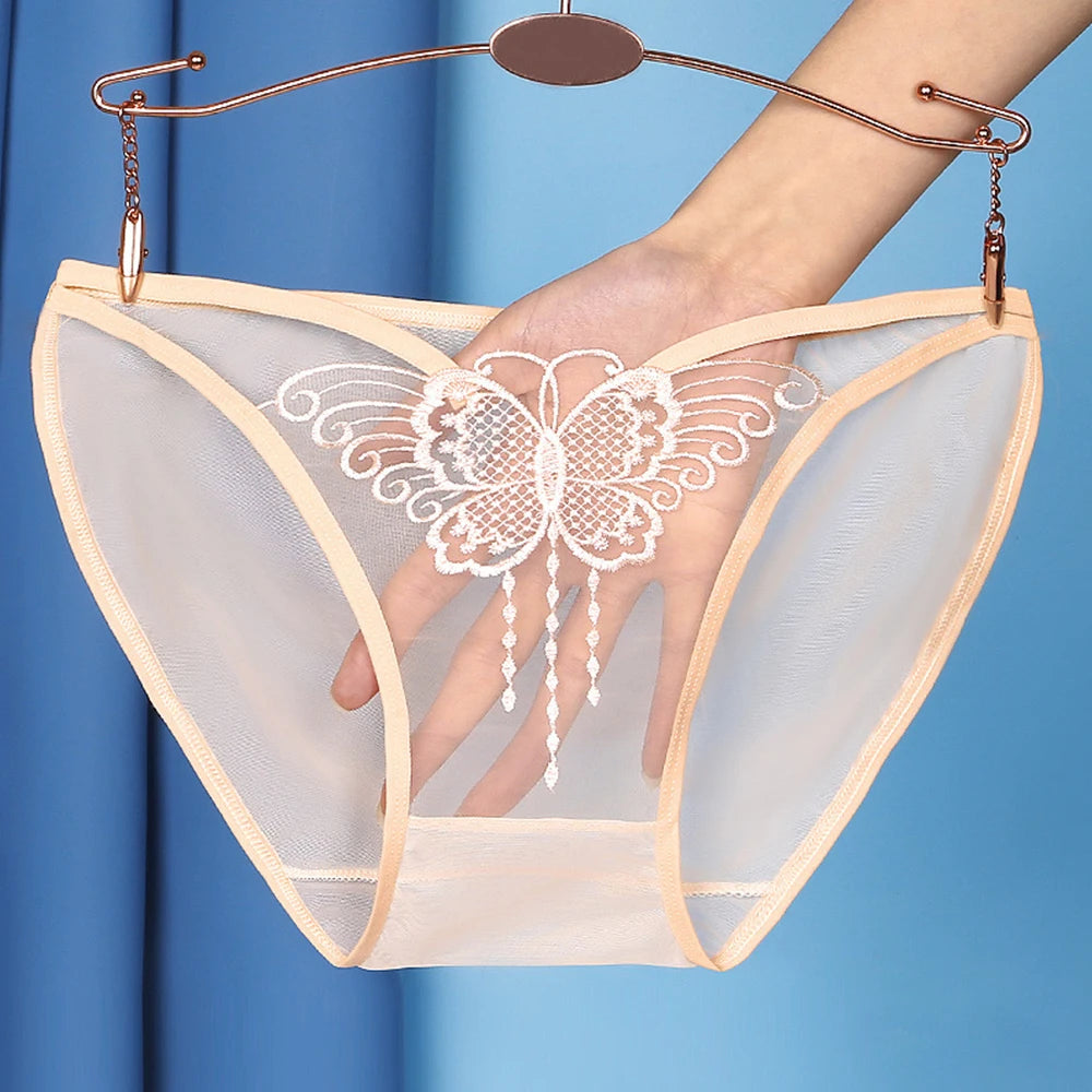 Women Lace Butterfly Embroidery Underwear Sheer Mesh Transparent Briefs Comfortable Breathable Sweat Panties Low Rise Underpants