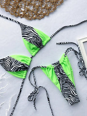 Zebra Print Halter micro Bikini 2025 women Bandeau String Swimsuit Female swimwear Neon Shiny bikini set Leopard Bathing Suit