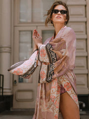 2025 Bikini Cover-ups Pink Boho Print Self Belted Front Open Long Kimono Dress Beach Tunic Women Swim Suit Cover Up Dress