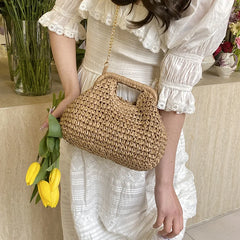 Seaside vacation shell bag 2025new arrival women's satchel bag forest style straw shoulder bag beach chain crossbody bag
