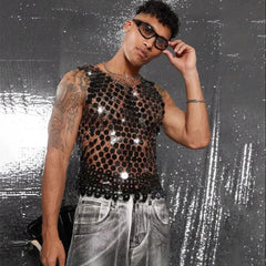 Sparkling Diamond Cut-Out See-Through Vest For Men - New Summer Style Sexy Nightclub Party Fishnet Beaded Outerwear Top