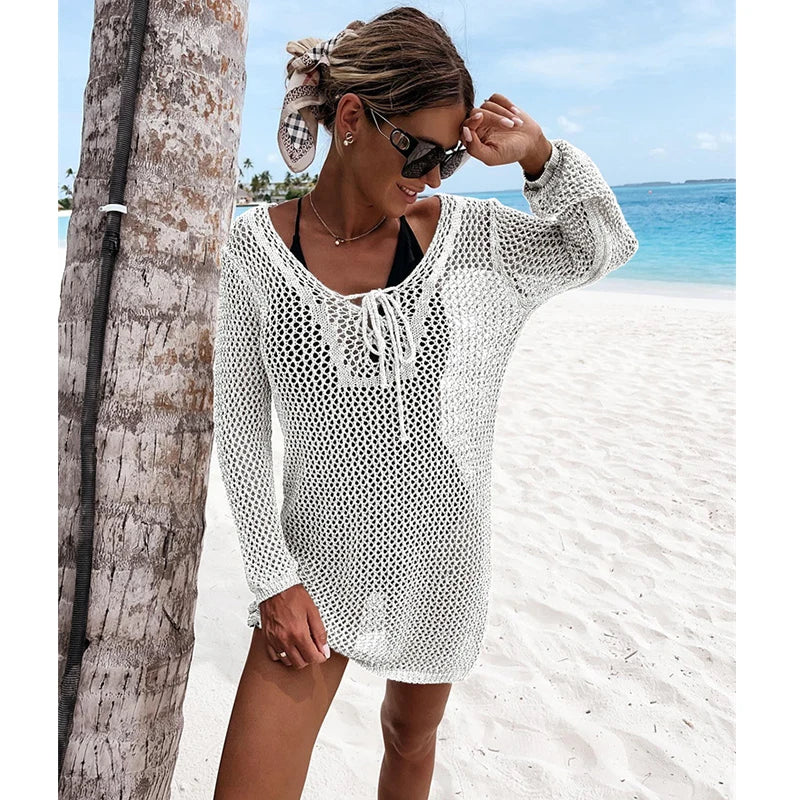 2023 Crochet Beach Cover Up Sexy Bikinis Cover-ups Hollow Out White Tunic Knitted Mini Summer Dress Women Beachwear Swim Suit