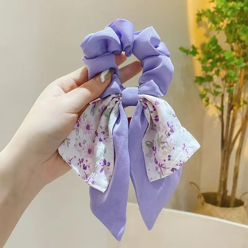 Fairy Women Hair Accessories Bows Scrunchies Ties Flower Floral Print Ribbon Elastic Hair Bands Ponytail Holder Girls Headdress