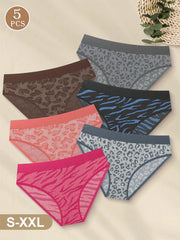 Set of 5 Women'S Low-Rise Seamless Underwear with Leopard Print, Featuring High Elasticity And Breathable Material.