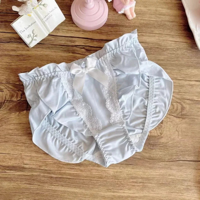 Women Milk Silk Ruffle Soft Underwear Middle Waist Smooth Cute Lovely Sweety Panties Princess Style Breathable Elasticity Breifs