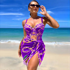 Underwire Women Sexy Swimsuit 2 Piece Swimwear Slim Monokini Chains Print Push Up Bikini Black Blue Green Beachwear Light luxury