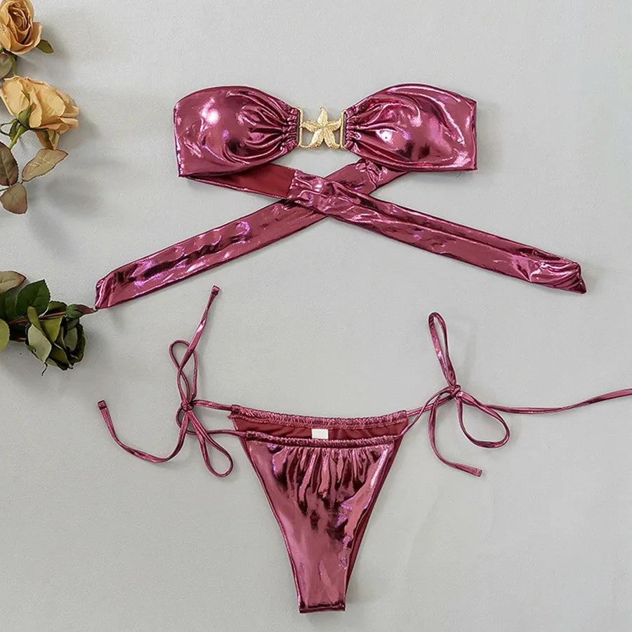 Gem Blue Glossy Bikini 2024 Women's Clothing Swimsuit Summer Beach Vacation Outfits Thong Bathing Suit Bandeau Backless Swimwear