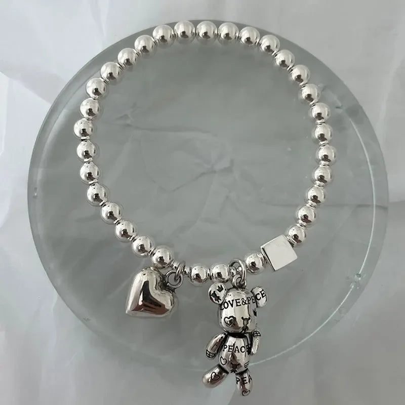 Stainless steel Bracelets for Women String of Beads Accessories Trend Vintage Simple Cute Bear Pendant Party Jewelry
