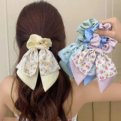 Fairy Women Hair Accessories Bows Scrunchies Ties Flower Floral Print Ribbon Elastic Hair Bands Ponytail Holder Girls Headdress
