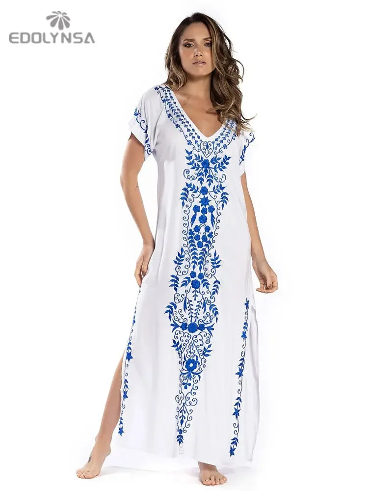 Embroidery Beach Cover Up Saida de Praia Swimsuit Women Bikini Cover Up Tunics for Beach Pareo Sarong Beachwear #Q790
